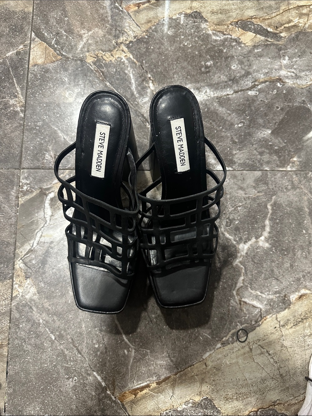 Steve Madden Black Cage-Strap Square-Toe Mules